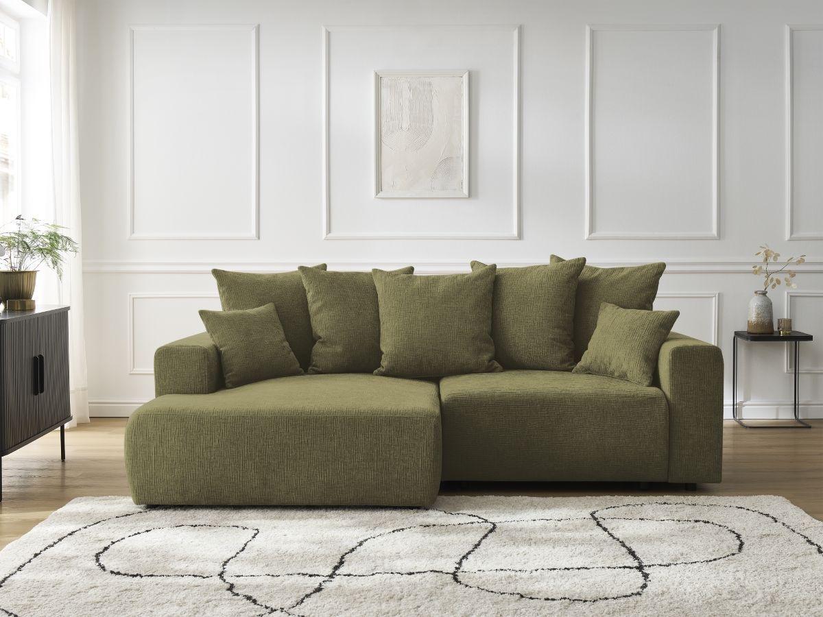 Bobochic Atilla Ecksofa mit Schlaffunktion und Bettkasten Strukturstoff Grün Ecke links