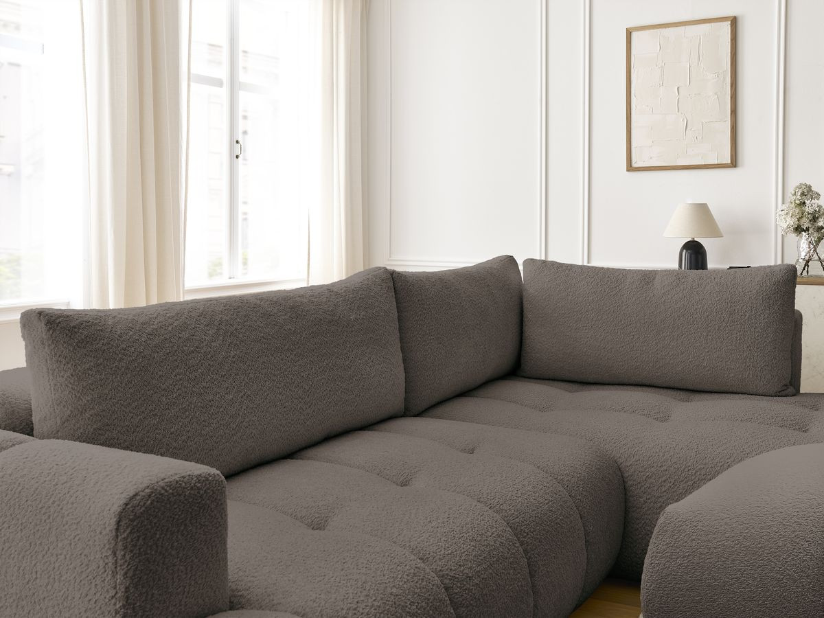 Bobochic Fuji Ecksofa mit Schlaffunktion und Bettkasten und Pouf 282 × 204 cm Bouclé-Stoff Braun Ecke rechts