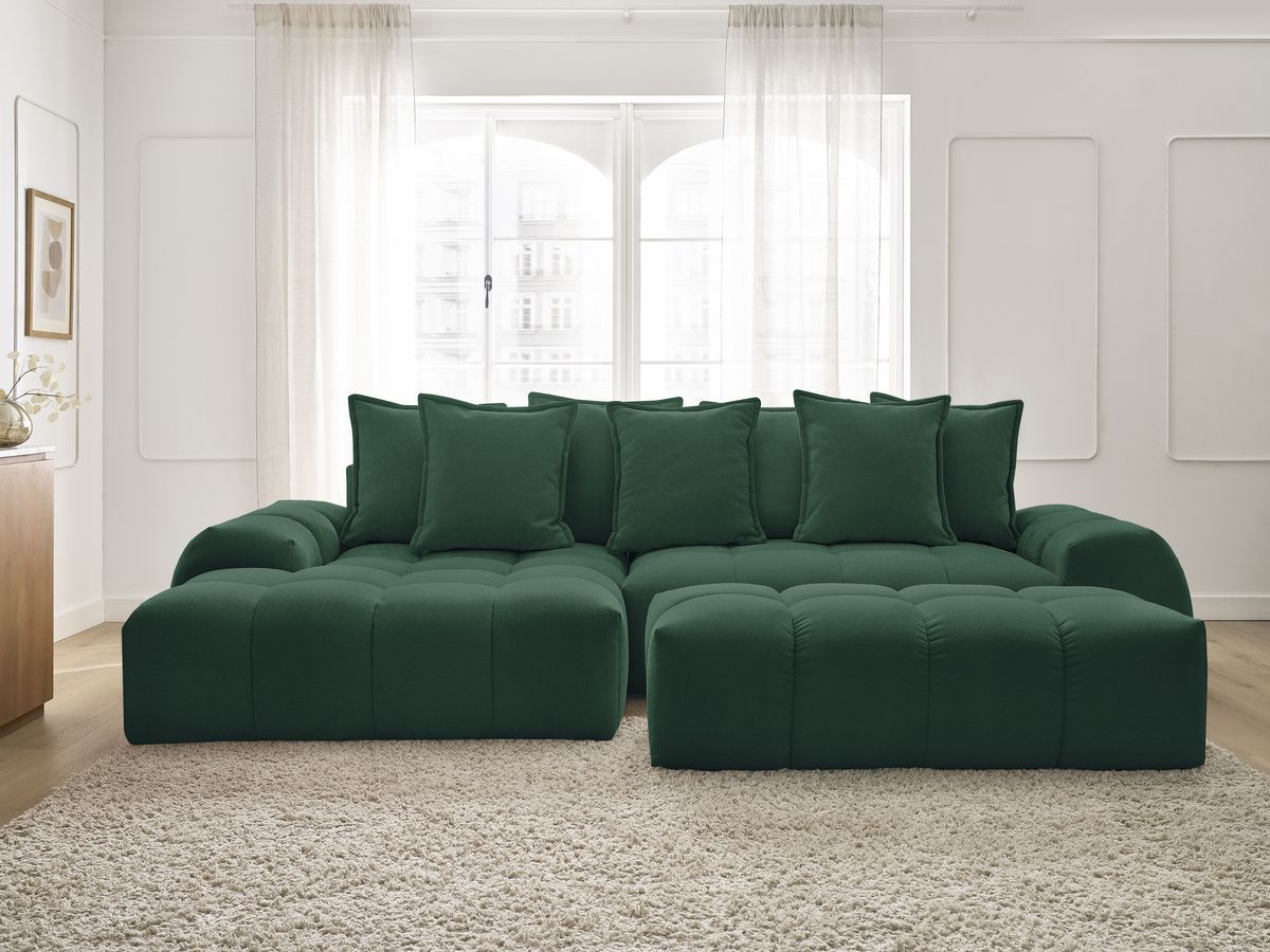 Bobochic Everest Ecksofa mit Schlaffunktion und Bettkasten und Pouf 318 × 180 cm, 7 Kissen Strukturstoff Grün Ecke links