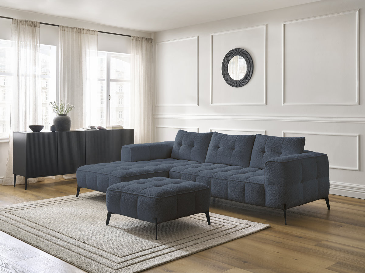 Bobochic Anis Ecksofa mit Pouf Bouclé-Stoff Dunkelblau Ecke links