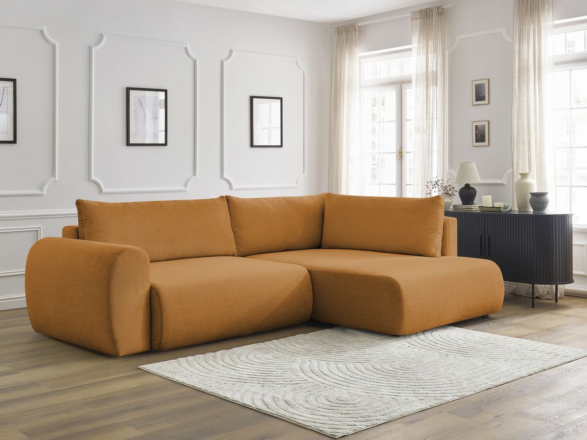 Bobochic Lucien Ecksofa mit Schlaffunktion und Bettkasten 296 × 198 cm Stoff Gelb Ecke rechts