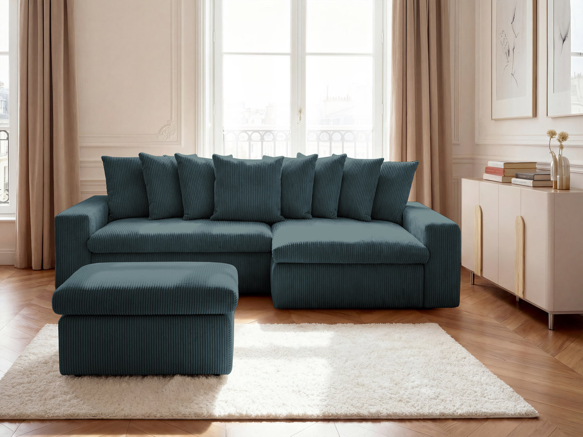 Bobochic Enore Ecksofa mit Pouf Cordsamt Dunkelblau Ecke rechts