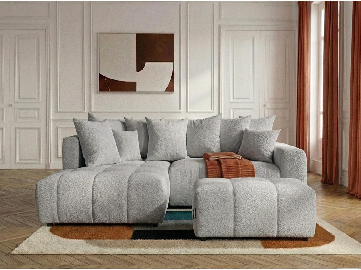 Bobochic Roxelane Ecksofa mit Schlaffunktion und Bettkasten und Pouf Bouclé-Stoff Hellgrau Ecke links
