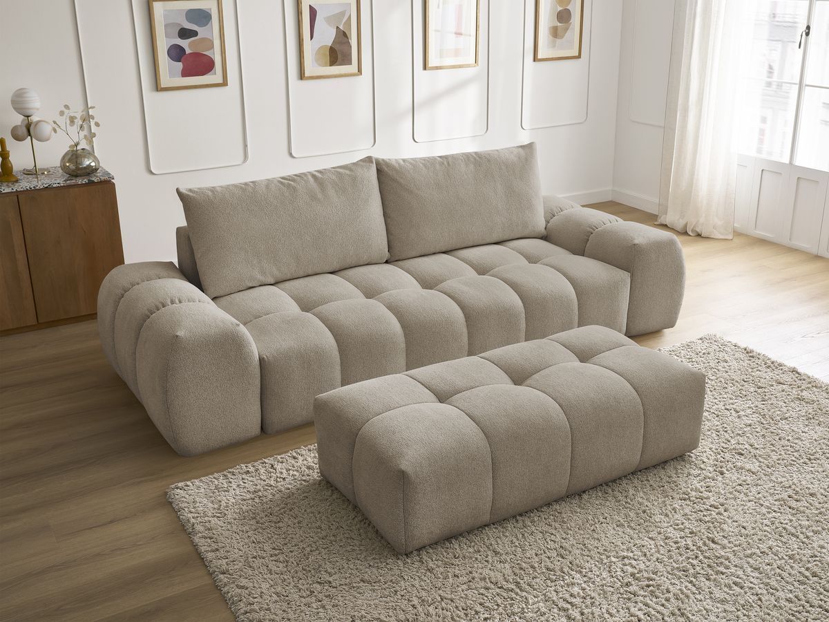 Bobochic Everest Sofa 3-Sitzer mit Pouf, 2 Kissen Melange-Stoff Taupe