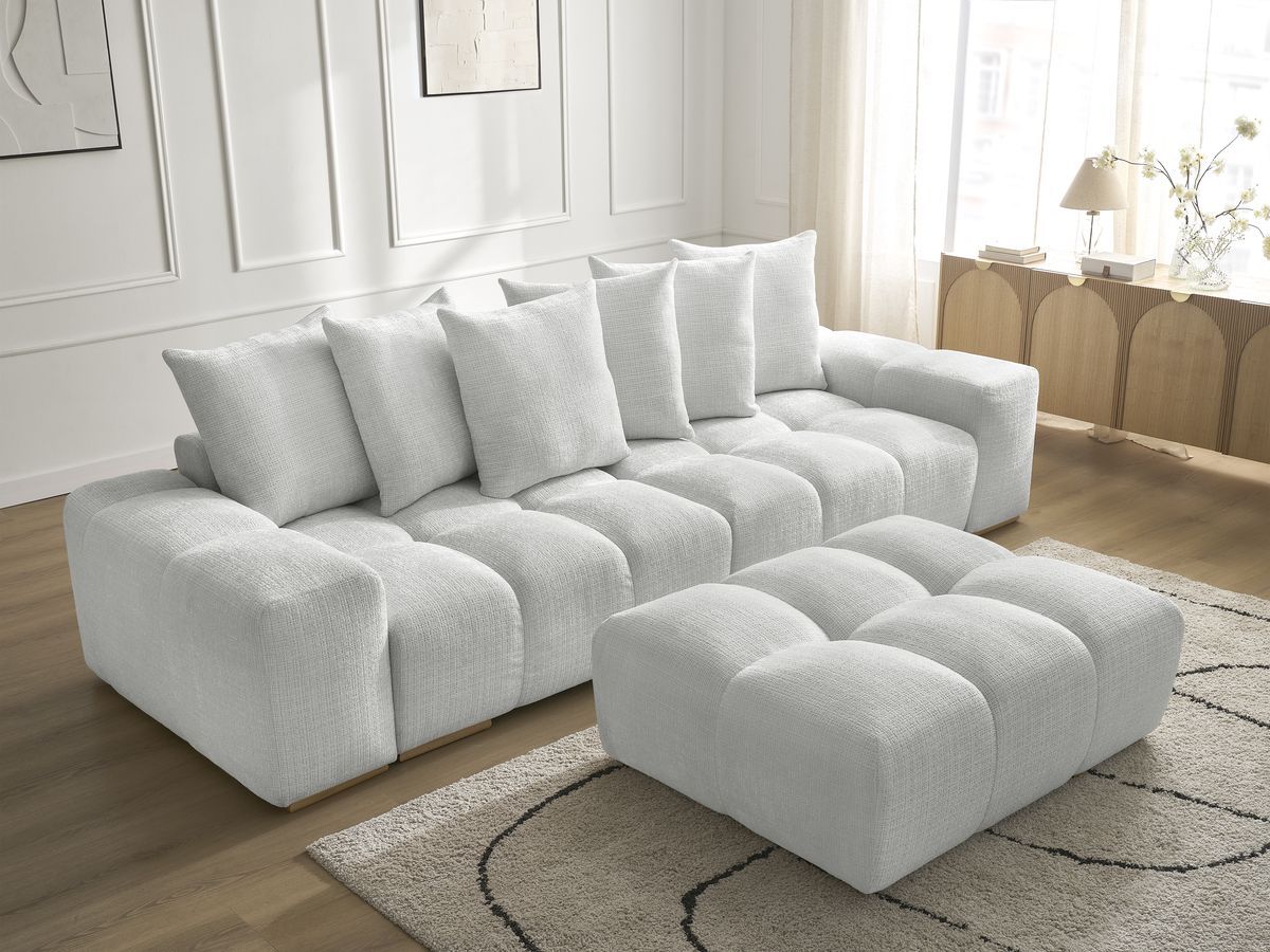 Bobochic Anakin Sofa 3-Sitzer mit Pouf, 6 Kissen Strukturstoff Hellgrau