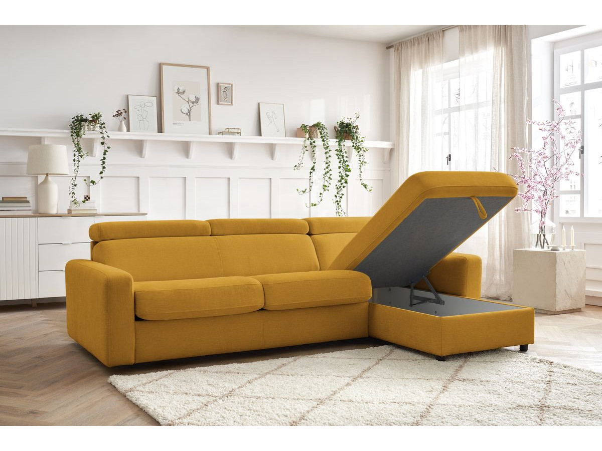 Bobochic Monaco Ecksofa mit Schlaffunktion und Bettkasten Stoff Gelb, Liegefläche 140 × 190 cm