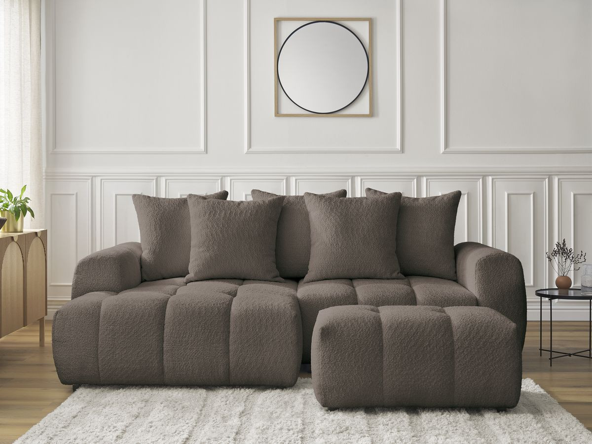 Bobochic Roxelane Ecksofa mit Schlaffunktion und Bettkasten und Pouf 258 × 150 cm Bouclé-Stoff Braun Ecke links