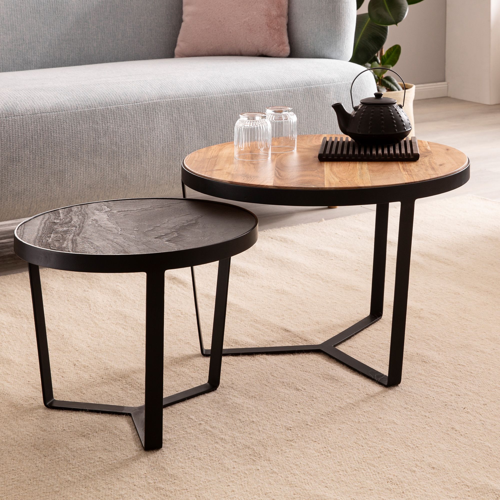 Satztisch 2er-Set Torvik Massivholz Schwarz Höhe 40 cm