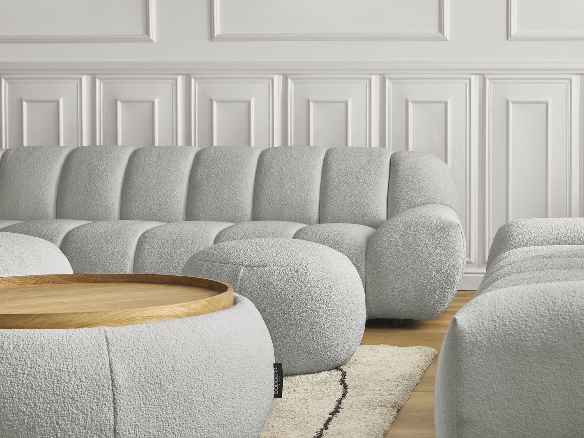 Bobochic Hayden Sofa 7-Sitzer mit Pouf Bouclé-Stoff Hellgrau