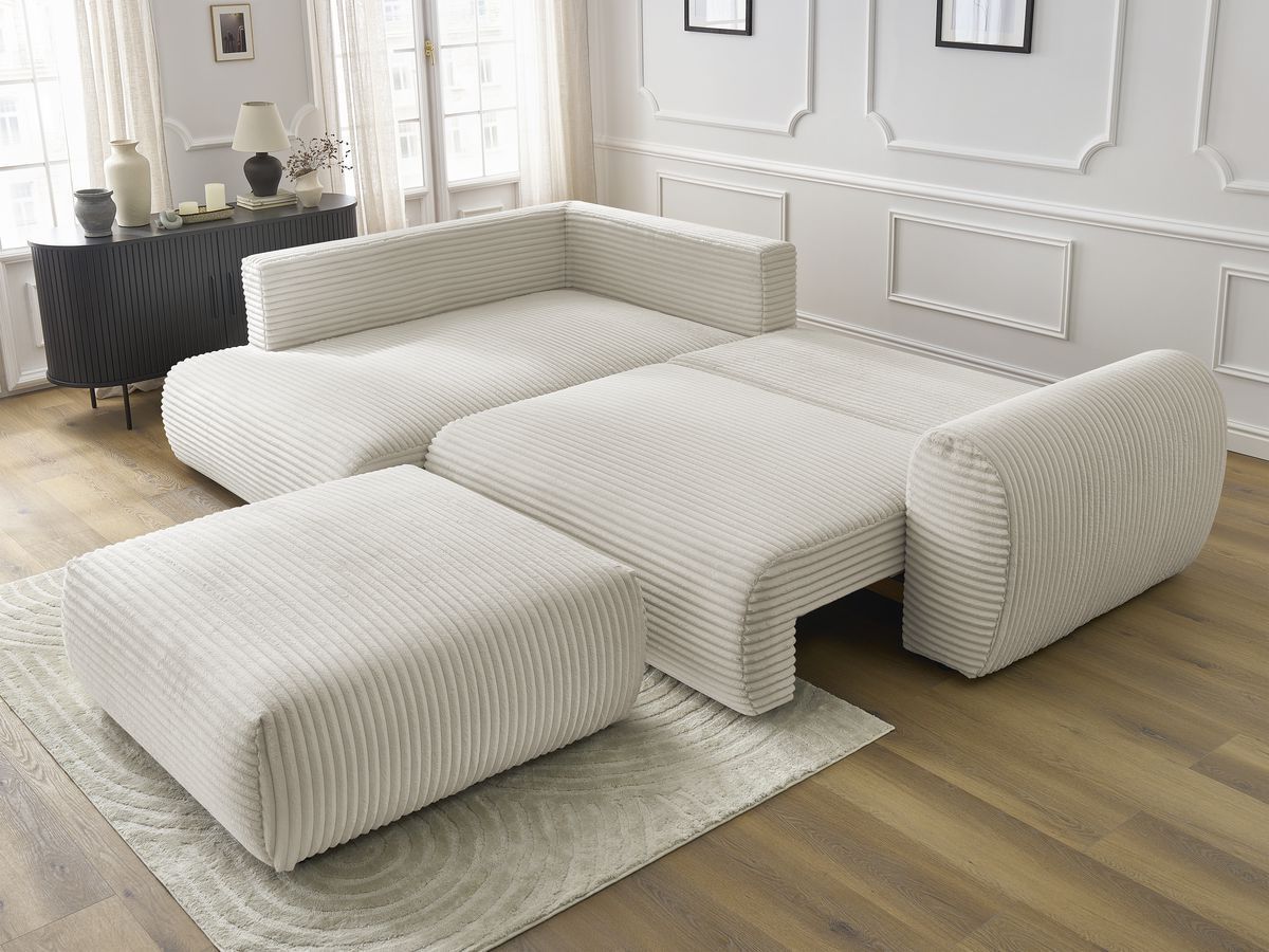 Bobochic Lucien Ecksofa mit Schlaffunktion und Bettkasten und Pouf 296 × 198 cm Breitcord weich Beige Ecke links