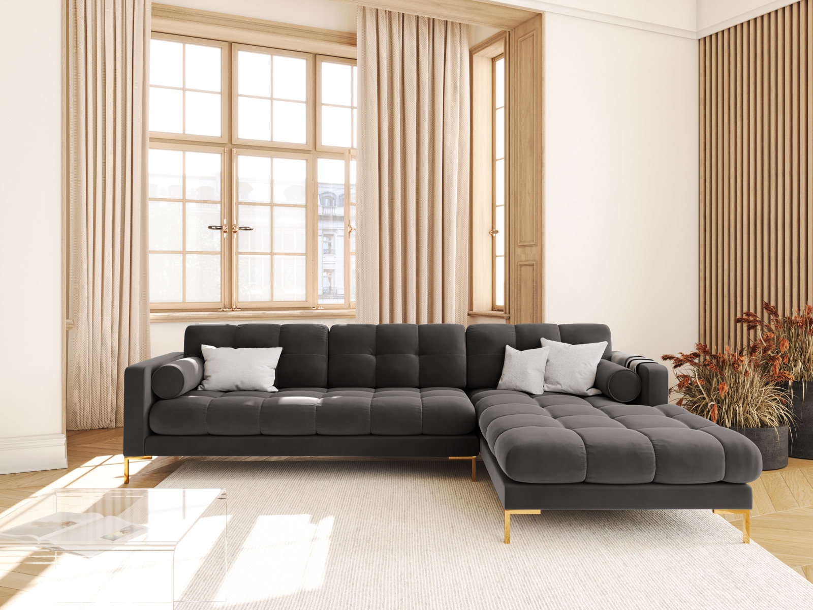 Cosmopolitan Design Ecksofa Bali 5-Sitzer Samt Bluvel Dunkelgrau Melange Rechts Beine Gold