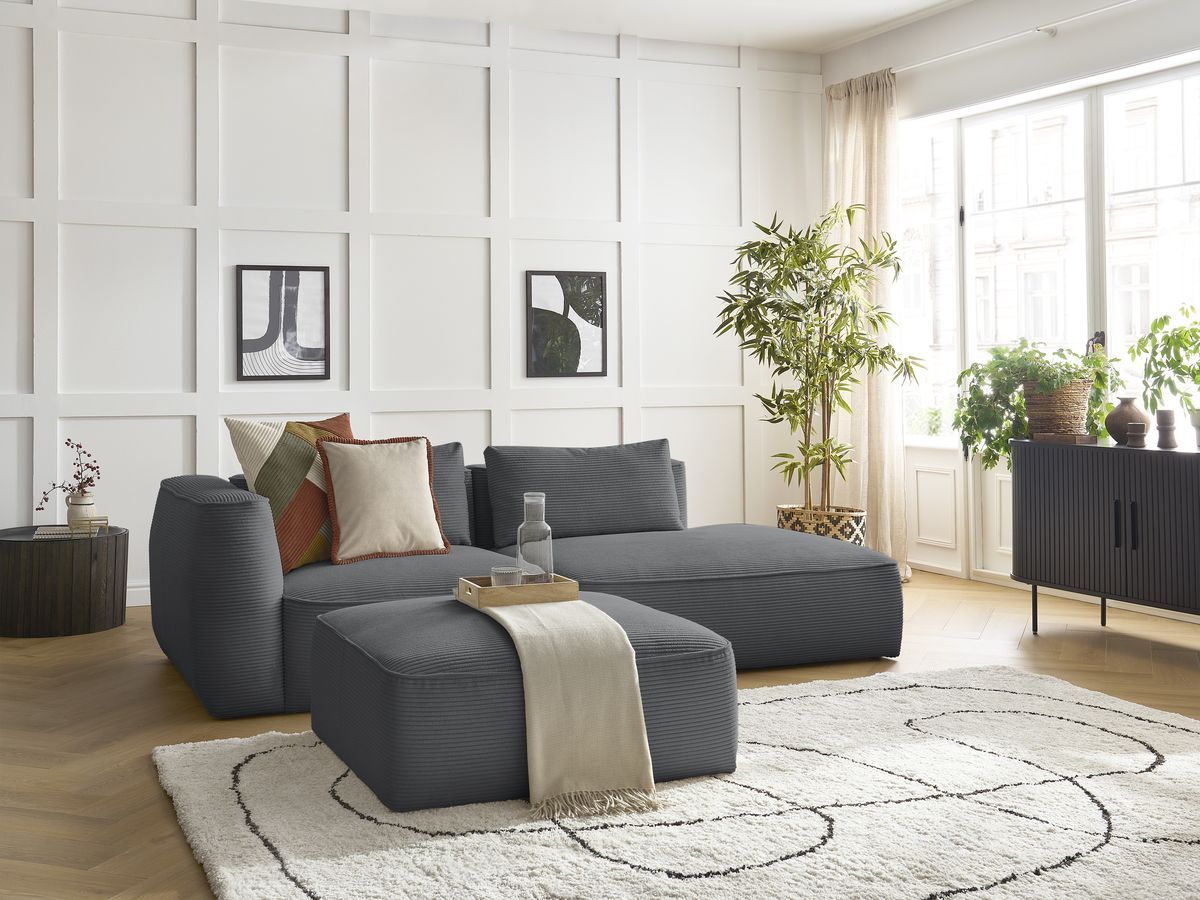 Bobochic Leopold Sofa 4-Sitzer mit Pouf Cordsamt Dunkelgrau Armlehne links