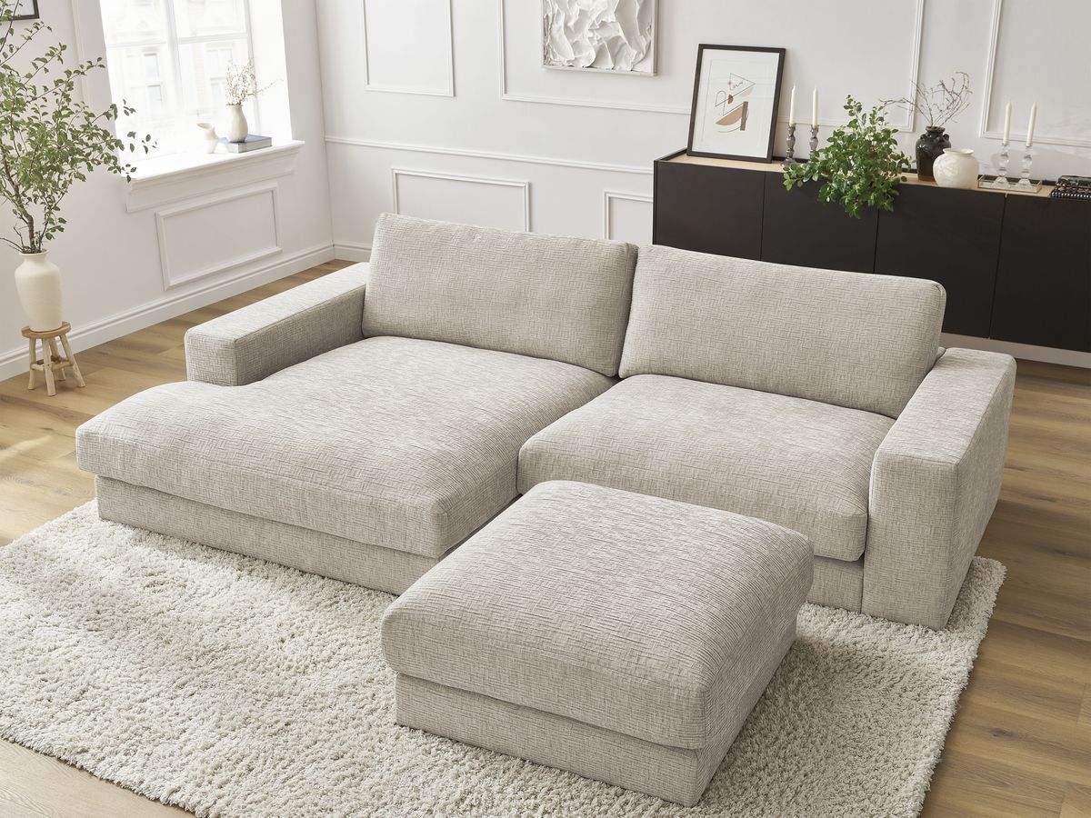Bobochic Leonard Ecksofa mit Pouf 274 × 159 cm Strukturstoff Beige Ecke links