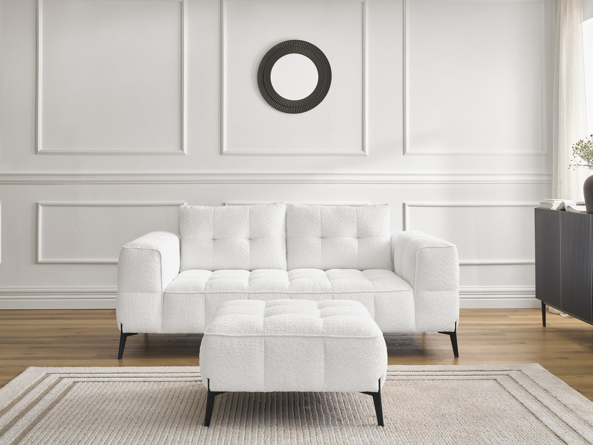 Bobochic Anis Sofa 2-Sitzer mit Pouf Bouclé-Stoff Weiß