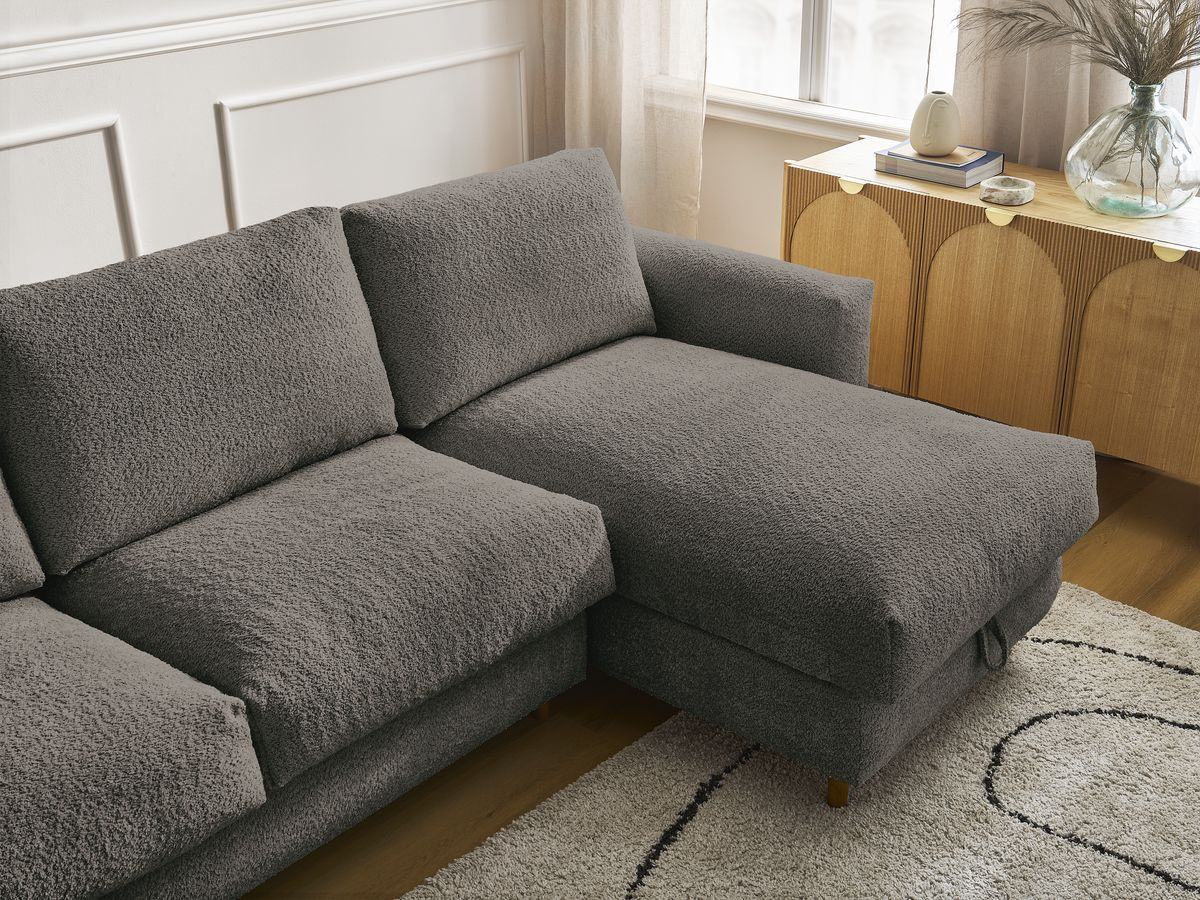 Bobochic Cocoone Ecksofa mit Schlaffunktion und Bettkasten Bouclé-Stoff Braun, Liegefläche 140 × 200 cm