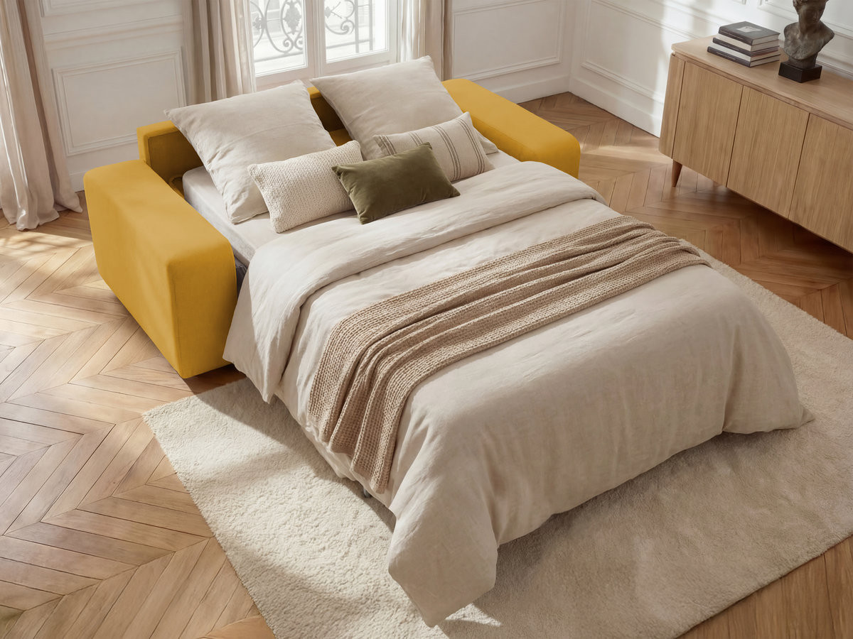 Bobochic Ibiza Schlafsofa 3-Sitzer Strukturstoff Gelb, Liegefläche 140 × 196 cm