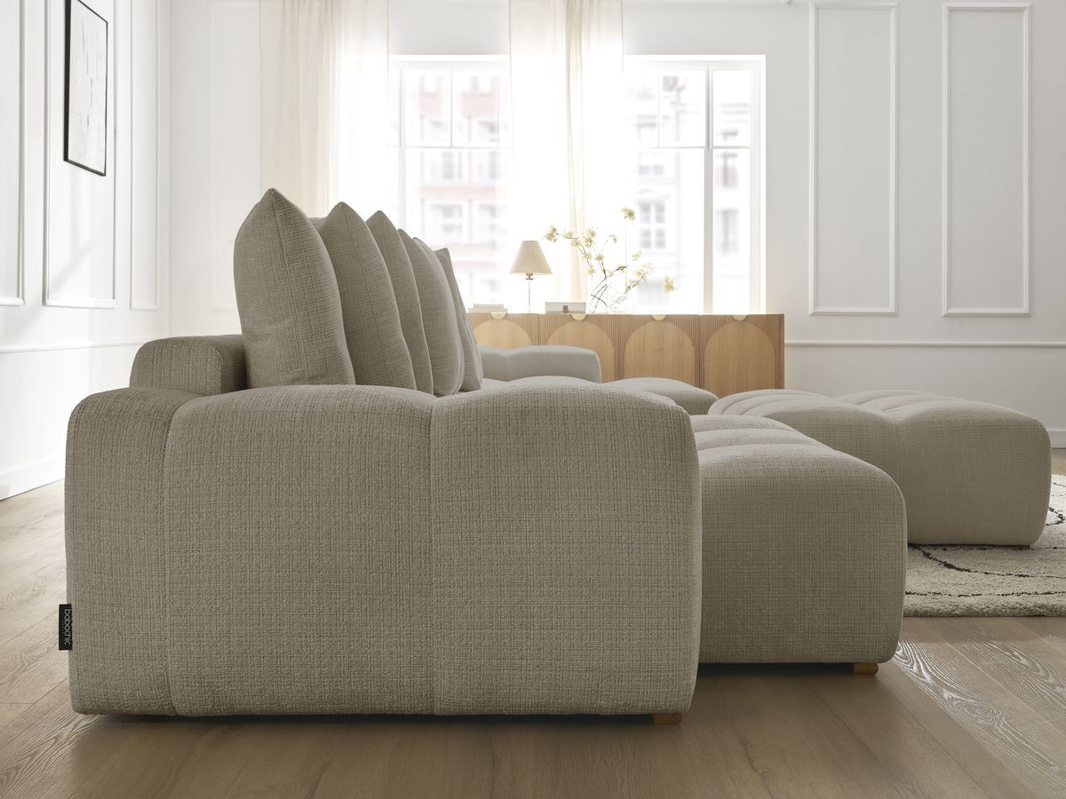 Bobochic Anakin Wohnlandschaft mit Pouf, Liegefläche 137 × 382 cm, 10 Kissen Strukturstoff Taupe