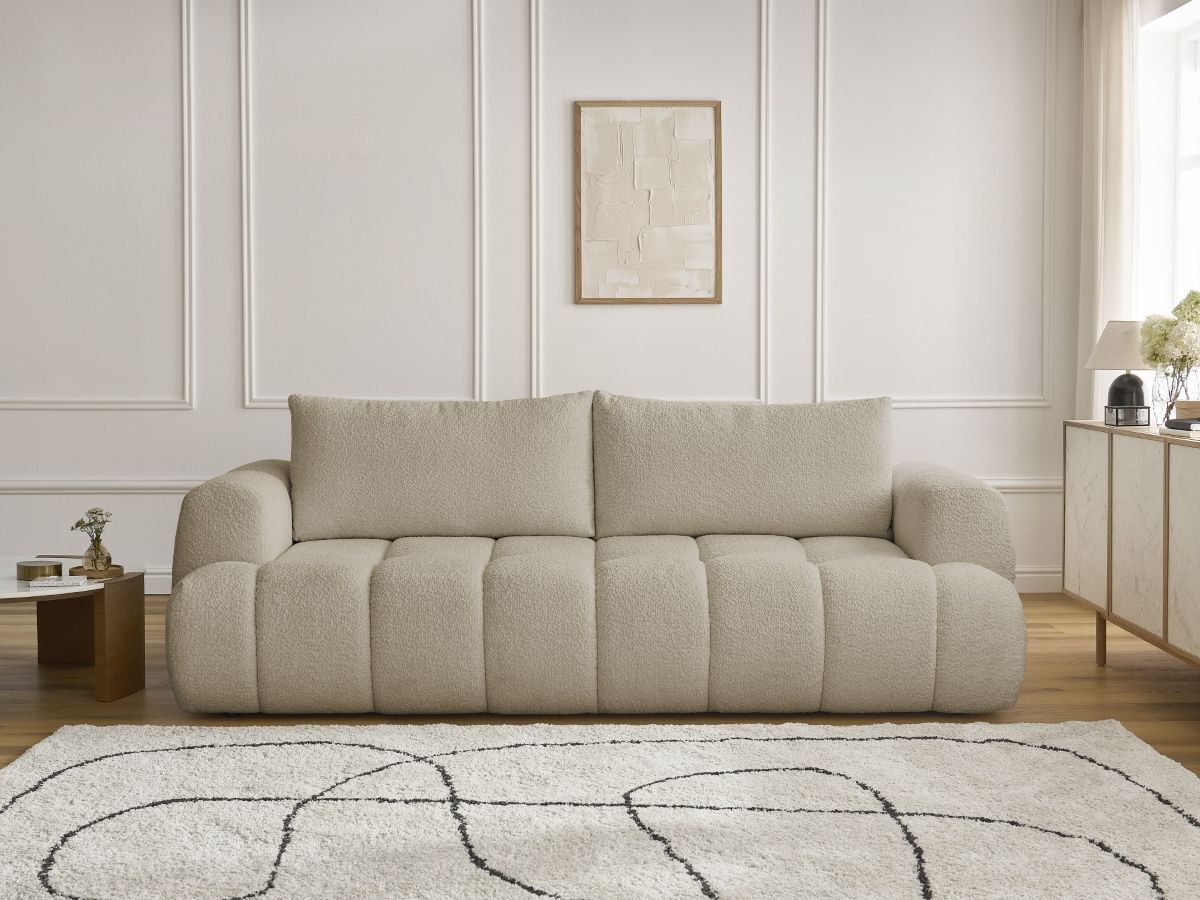 Bobochic Fuji Schlafsofa 3-Sitzer mit Bettkasten Bouclé-Stoff Beige