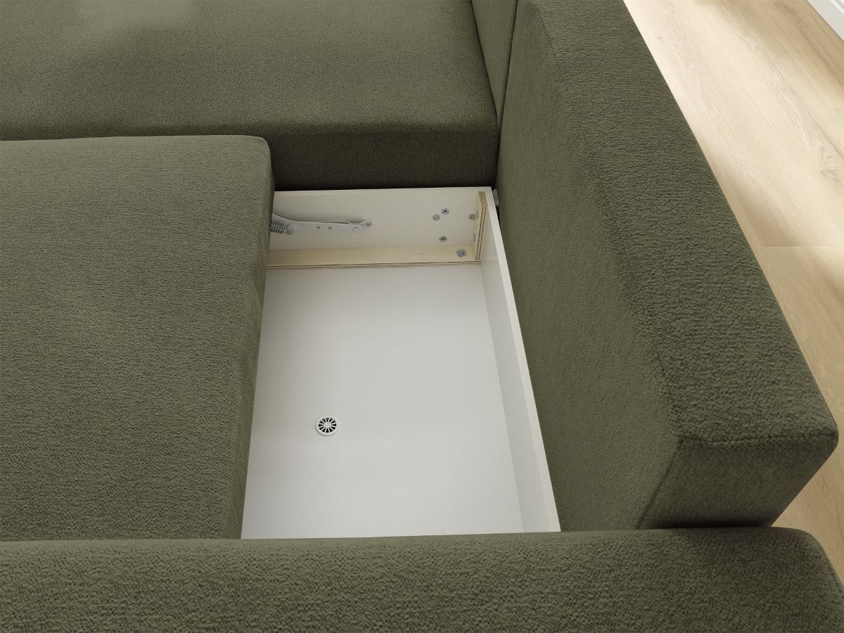 Bobochic Atilla Ecksofa mit Schlaffunktion und Bettkasten Melange-Stoff Grün Ecke links