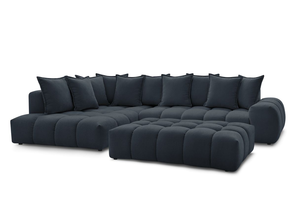 Bobochic Everest Ecksofa mit Schlaffunktion und Pouf, 10 Kissen Strukturstoff Dunkelblau Ecke links