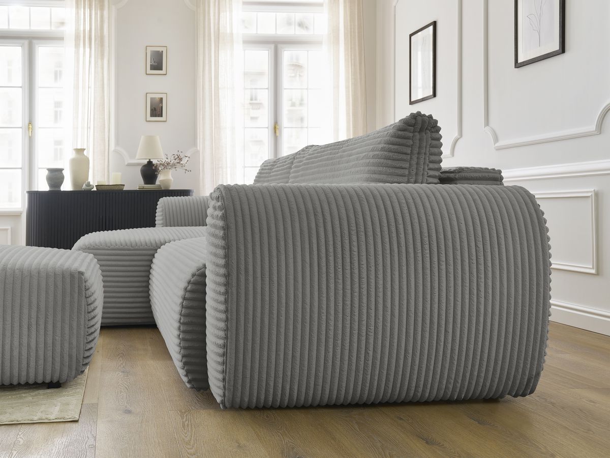 Bobochic Lucien Ecksofa mit Schlaffunktion und Bettkasten und Pouf 314 × 167 cm Breitcord weich Dunkelgrau Ecke links