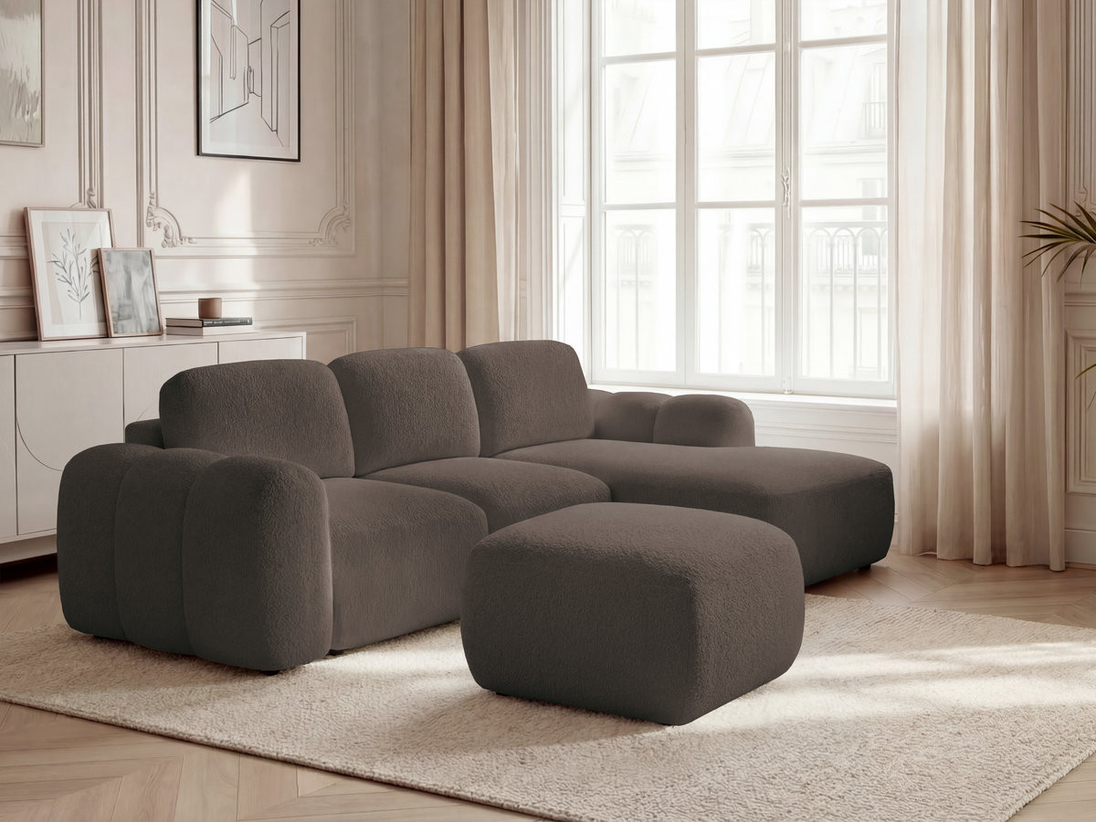 Bobochic Montaigne Ecksofa mit Schlaffunktion und Bettkasten und Pouf 276 × 164 cm Bouclé-Stoff Braun Ecke rechts