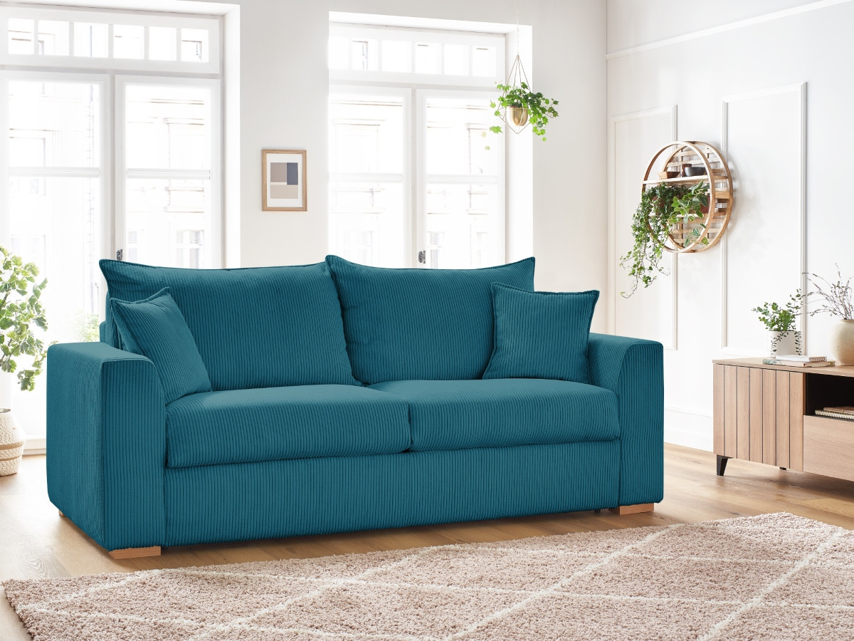 Bobochic Augustin Schlafsofa 3-Sitzer Cordsamt Hellblau, Liegefläche 140 × 200 cm