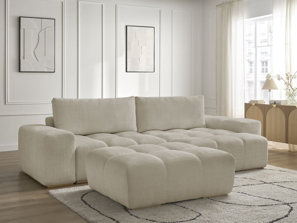 Bobochic Anakin Ecksofa mit Schlaffunktion und Bettkasten und Pouf, 2 Kissen Strukturstoff Beige
