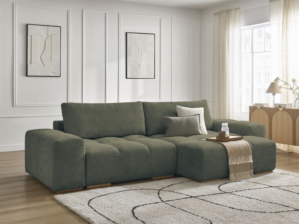 Bobochic Anakin Ecksofa mit Schlaffunktion und Bettkasten, 2 Kissen Bouclé-Stoff Grün