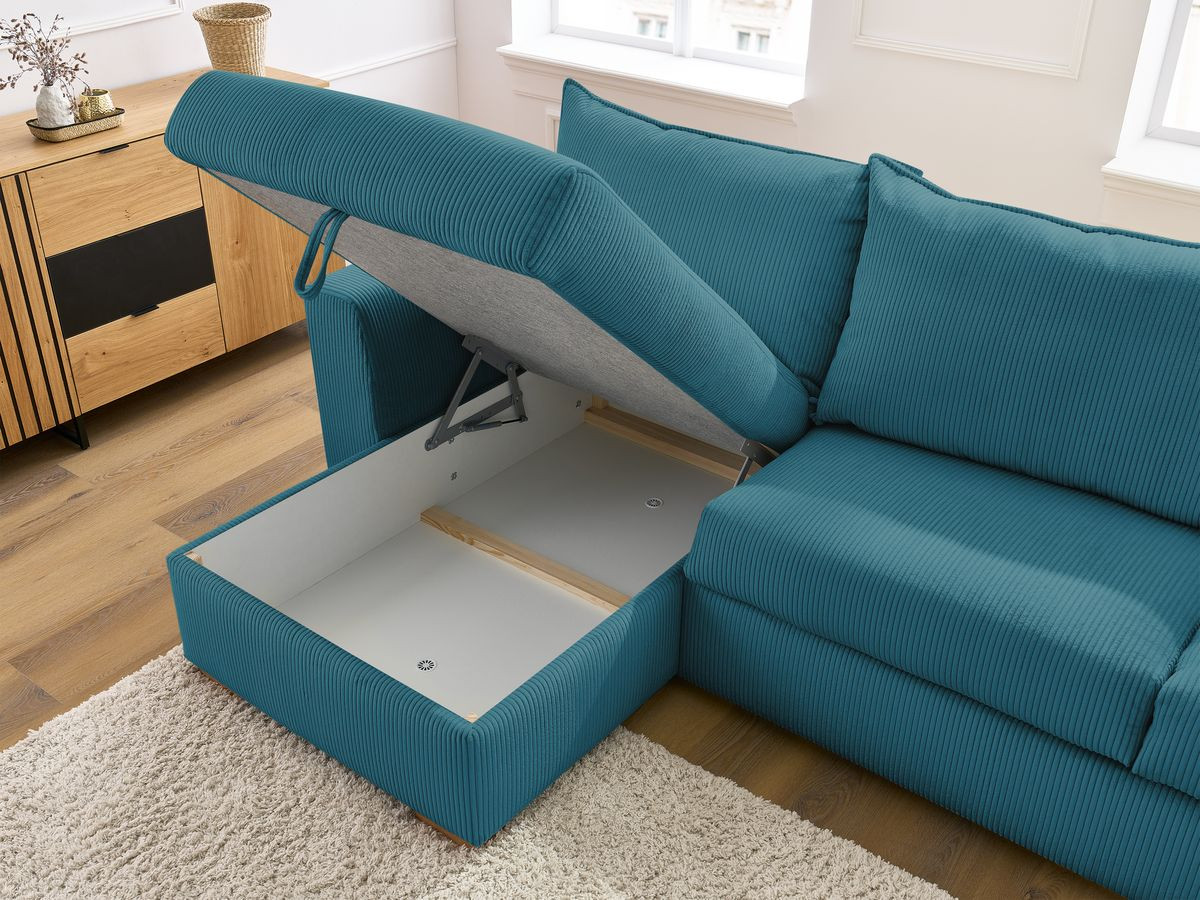 Bobochic Augustin Ecksofa mit Schlaffunktion und Bettkasten Cordsamt Hellblau, Liegefläche 160 × 200 cm