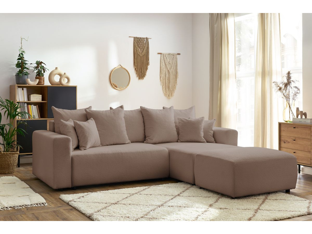Bobochic Envy Ecksofa mit Schlaffunktion und Bettkasten und rechteckigem Pouf Bouclé-Stoff Braun