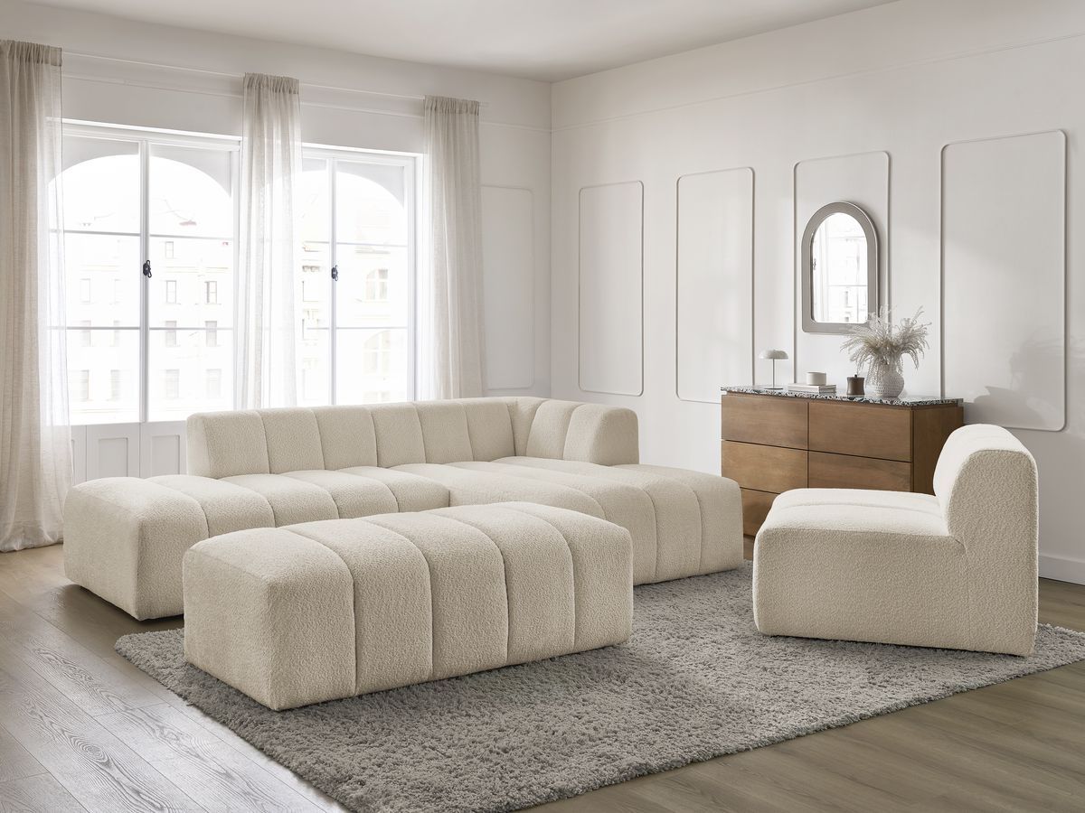 Bobochic Annecy Ecksofa mit Sofamodul und Pouf Bouclé-Stoff Beige Ecke rechts