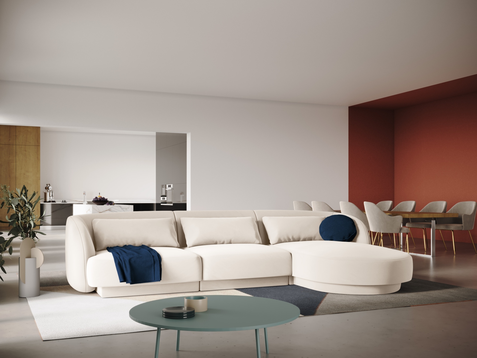 Cosmopolitan Design Ecksofa Tulum 4-Sitzer Samt Bluvel Helles Beige Rechts