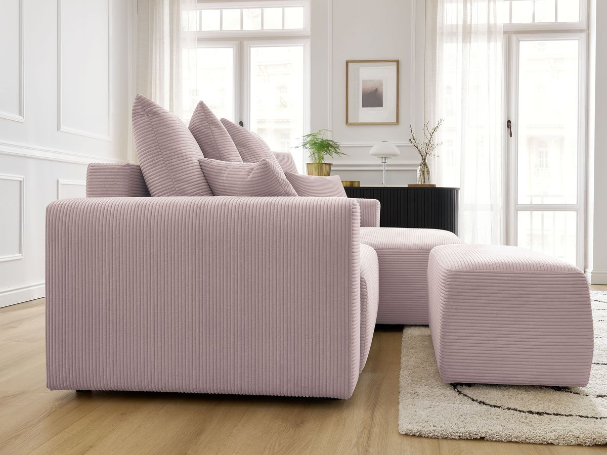Bobochic Atilla Ecksofa mit Schlaffunktion und Bettkasten und Pouf Cordsamt Violett Ecke rechts
