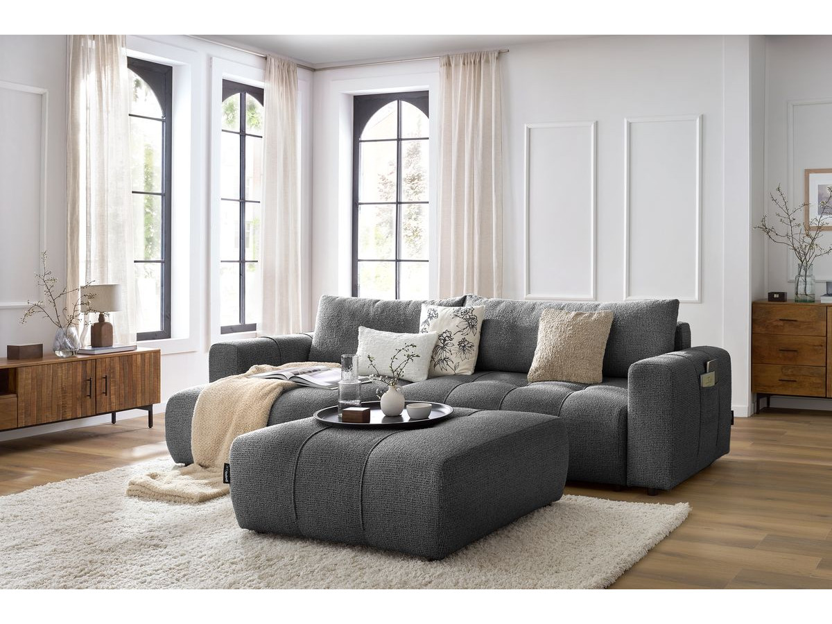 Bobochic Arsene Ecksofa mit Schlaffunktion und Bettkasten und Pouf 288 × 148 cm Melange-Stoff Dunkelgrau