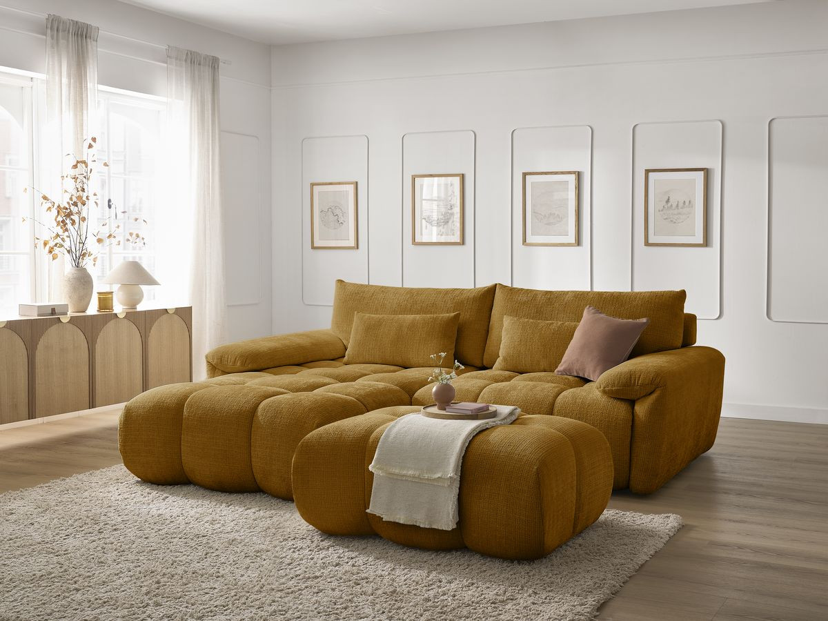 Bobochic Ivane Ecksofa mit Pouf Strukturstoff Gelb Ecke links