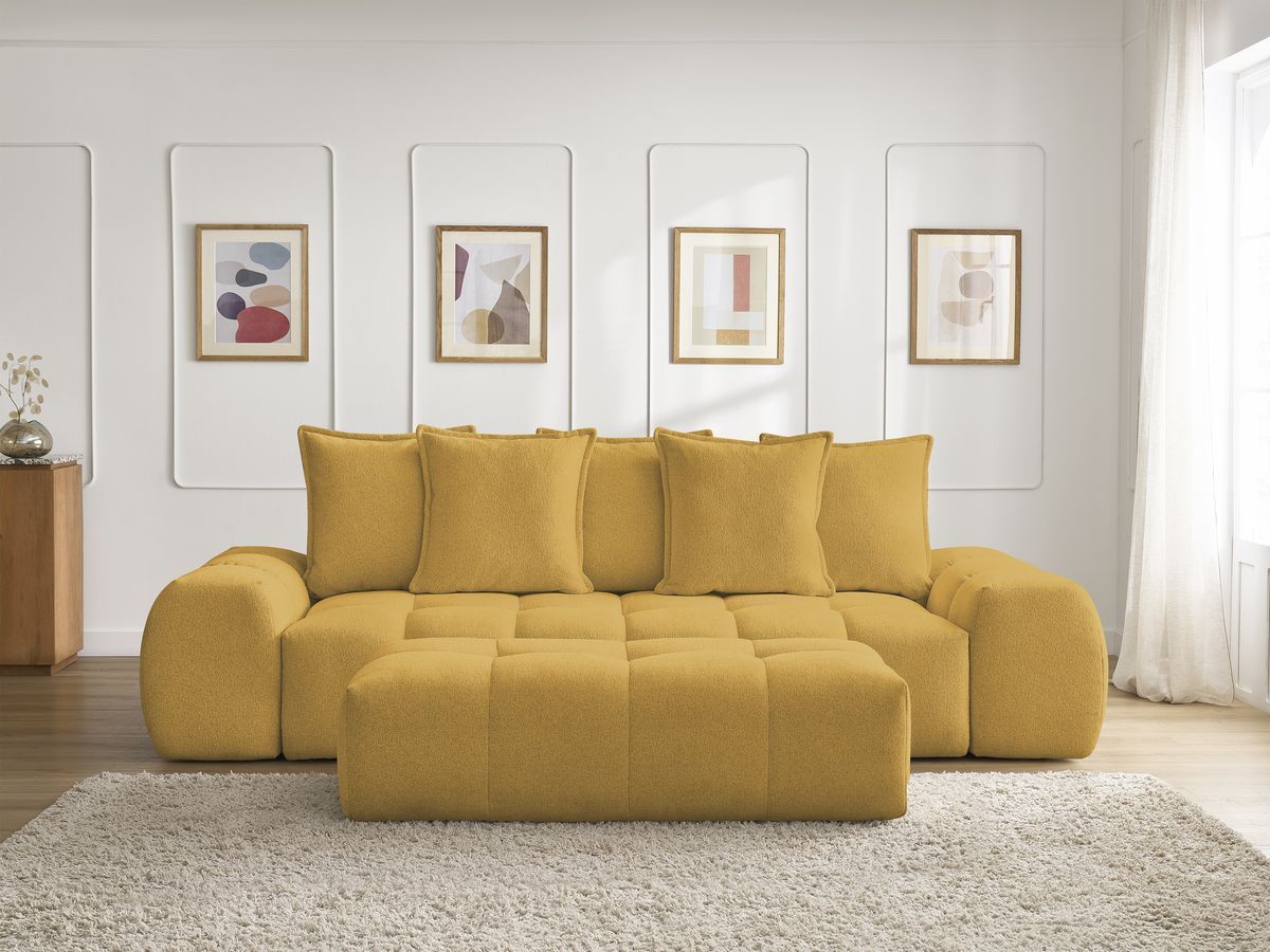 Bobochic Everest Sofa 3-Sitzer mit Pouf, 5 Kissen Melange-Stoff Gelb