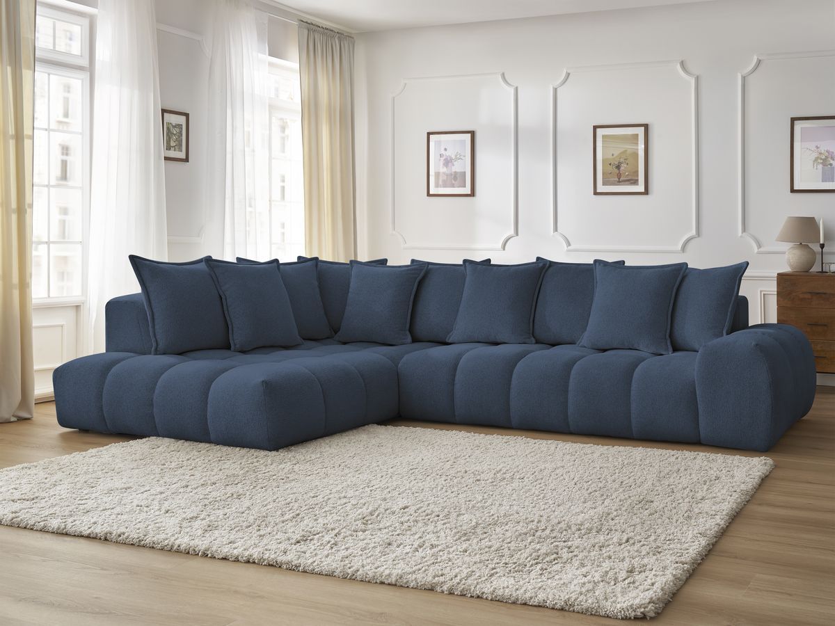 Bobochic Everest Ecksofa, 10 Kissen Melange-Stoff Dunkelblau Ecke links