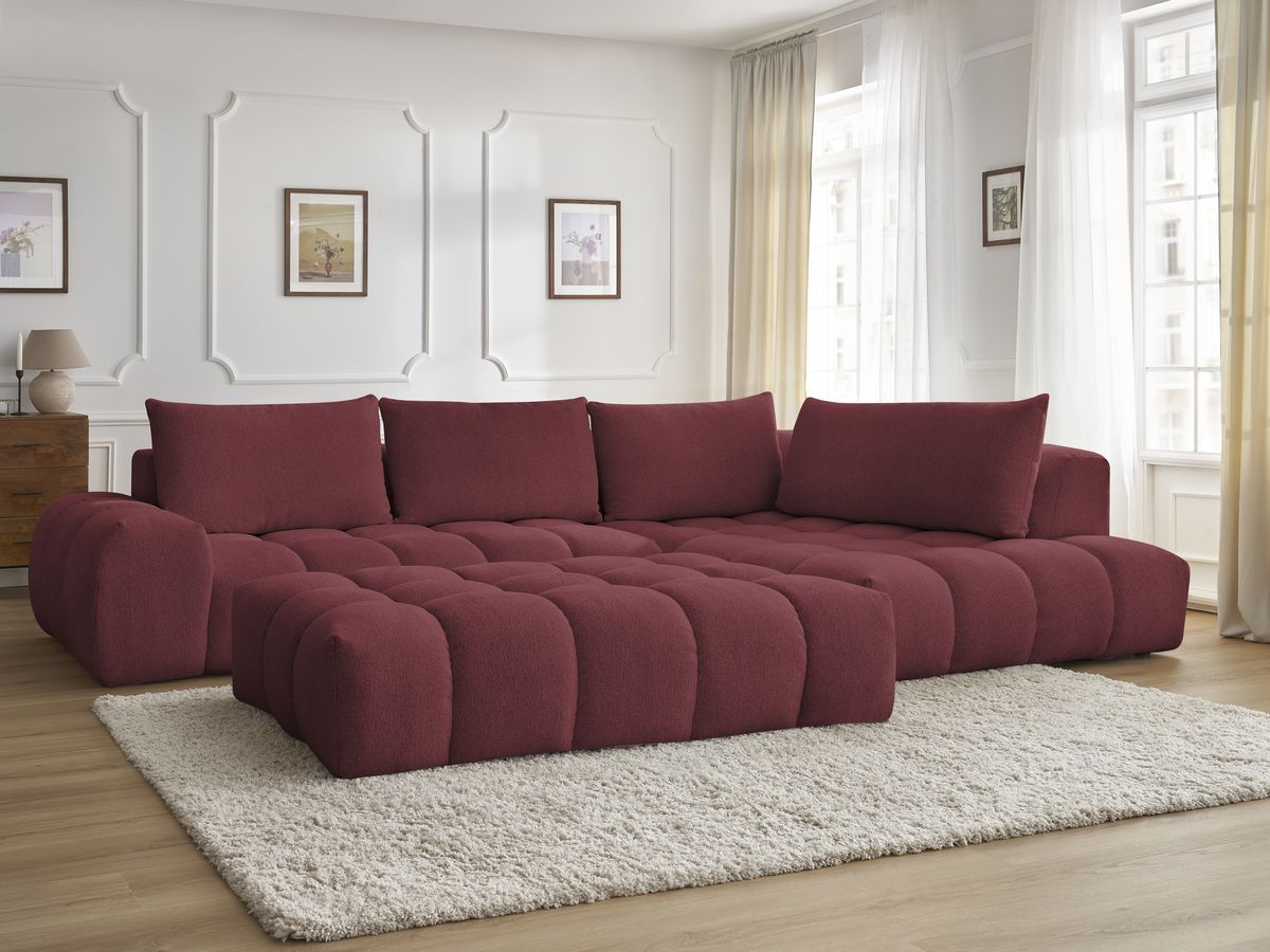 Bobochic Everest Ecksofa mit Schlaffunktion und Pouf, 4 Kissen Melange-Stoff Rot Ecke rechts