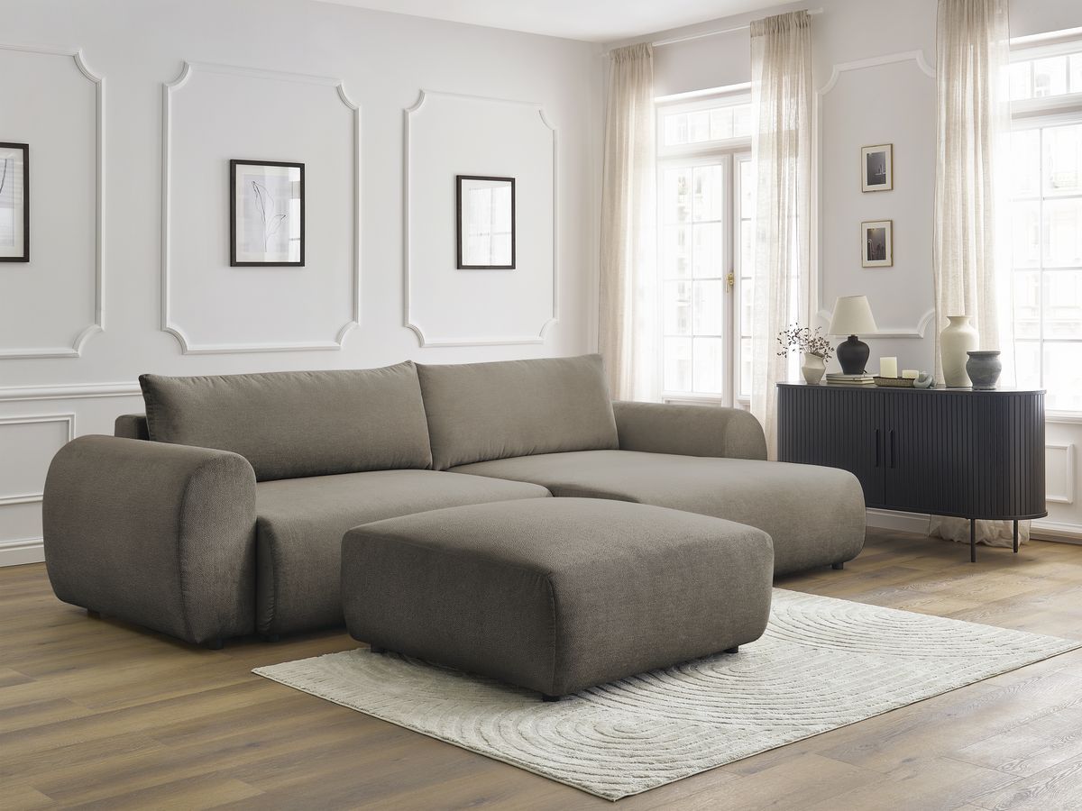 Bobochic Lucien Ecksofa mit Schlaffunktion und Bettkasten und Pouf 314 × 167 cm Stoff Taupe Ecke rechts