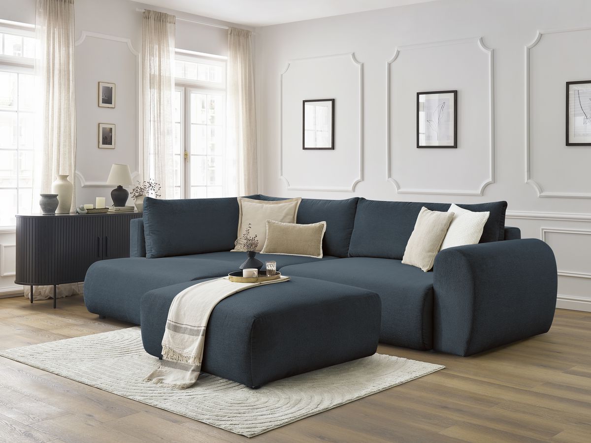 Bobochic Lucien Ecksofa mit Schlaffunktion und Bettkasten und Pouf 296 × 198 cm Stoff Dunkelblau Ecke links