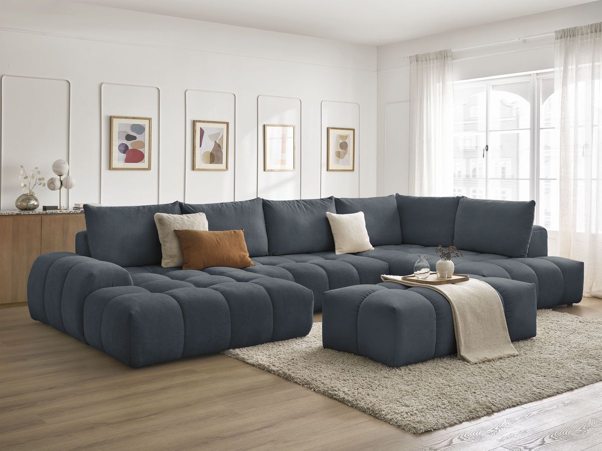Bobochic Everest Wohnlandschaft mit Pouf, 6 Kissen Strukturstoff Dunkelblau Ecke links
