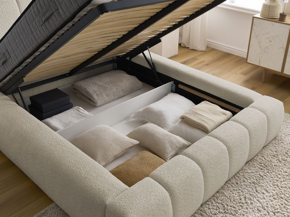 Bobochic Denali Polsterbett mit Bettkasten Bouclé-Stoff Beige, Liegefläche 140 × 190 cm