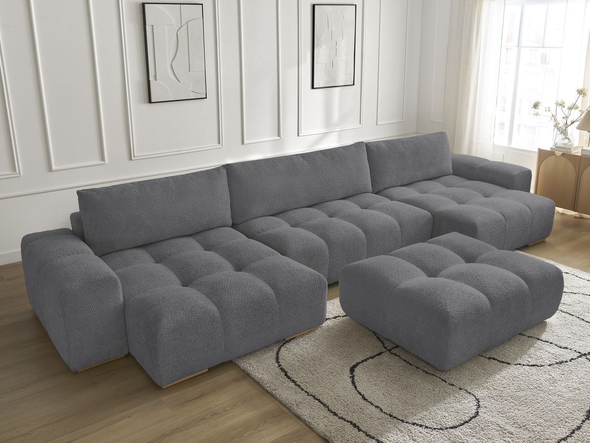 Bobochic Anakin Wohnlandschaft mit Pouf, 3 Kissen Bouclé-Stoff Dunkelgrau