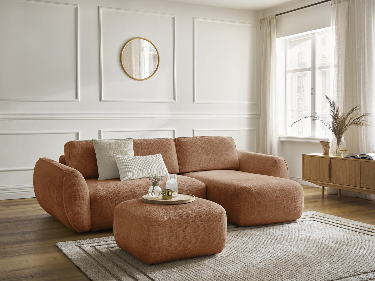 Bobochic Denise Ecksofa mit Schlaffunktion und Bettkasten und Pouf 258 × 160 cm Strukturstoff Orange Ecke rechts