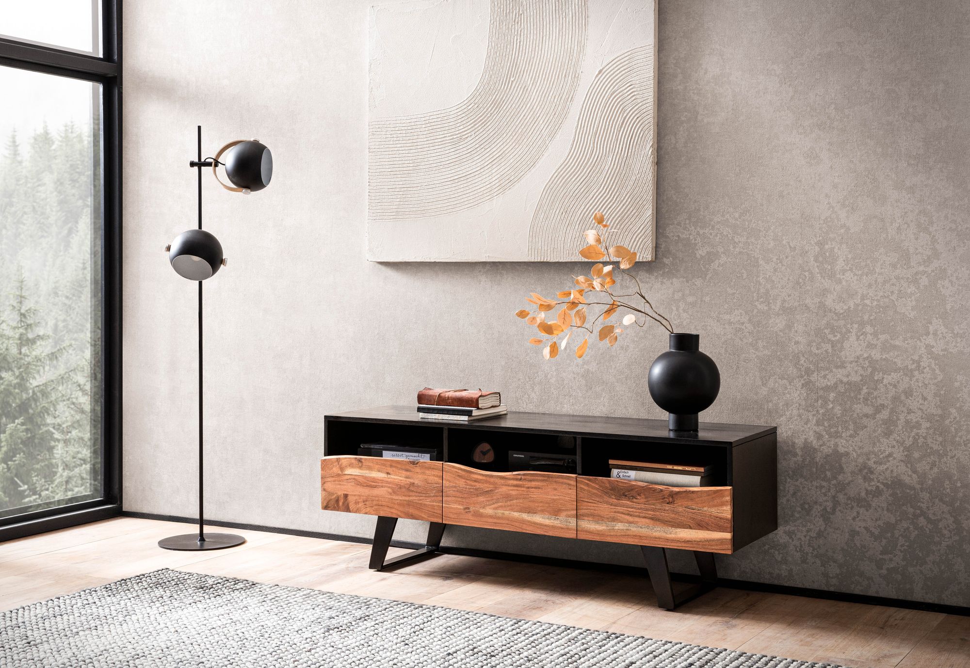 TV-Board Haslum Akazie Massivholz Schwarz 140 × 40 × 50 cm