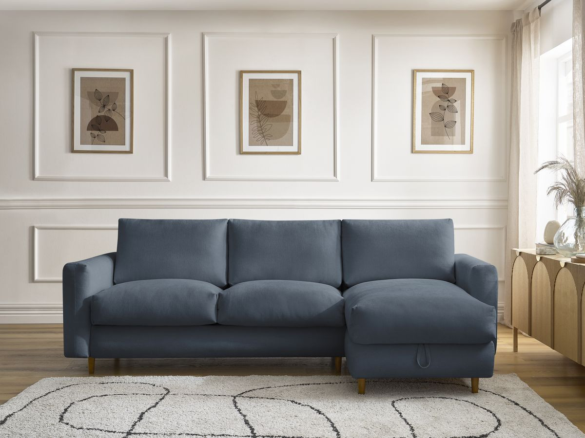 Bobochic Cocoone Ecksofa mit Schlaffunktion und Bettkasten Stoff Dunkelblau, Liegefläche 160 × 200 cm