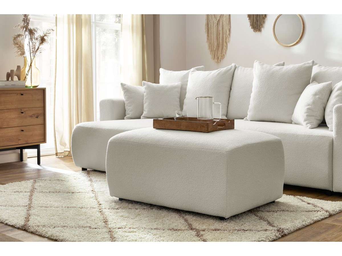 Bobochic Envy Ecksofa mit Schlaffunktion und Bettkasten und rechteckigem Pouf Bouclé-Stoff Weiß