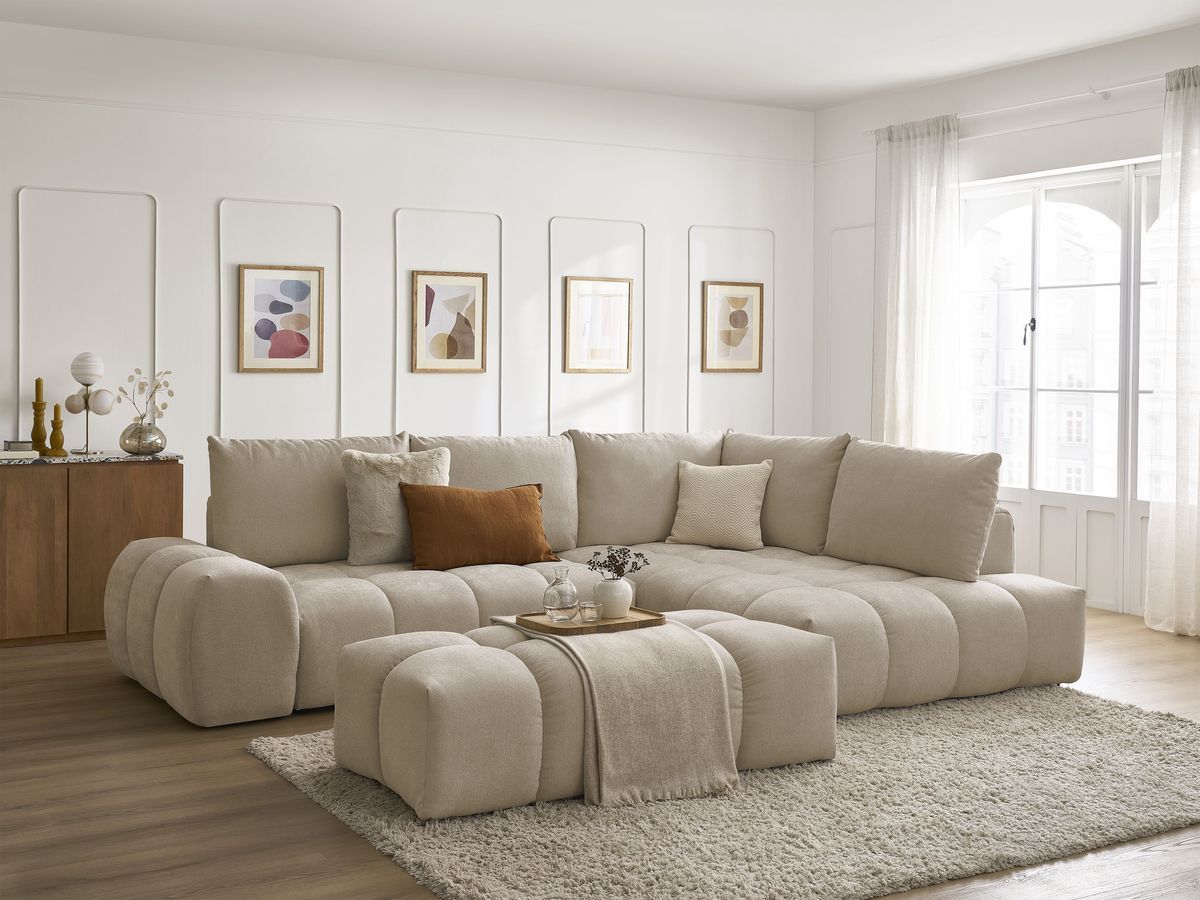 Bobochic Everest Ecksofa mit Schlaffunktion und Bettkasten und Pouf 320 × 212 cm, 5 Kissen Strukturstoff Taupe Ecke rechts