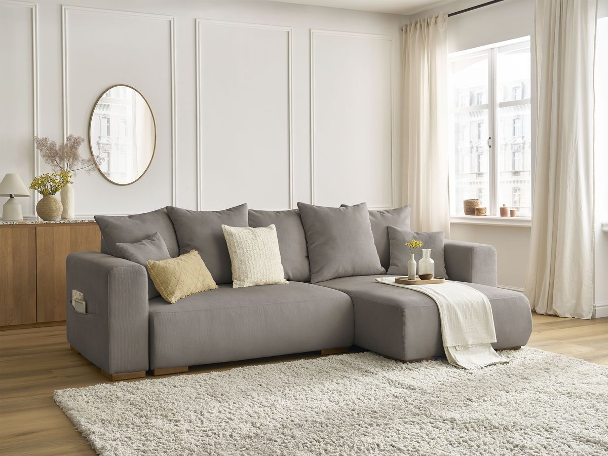 Bobochic Sidonie Ecksofa mit Schlaffunktion und Bettkasten Cordsamt Taupe